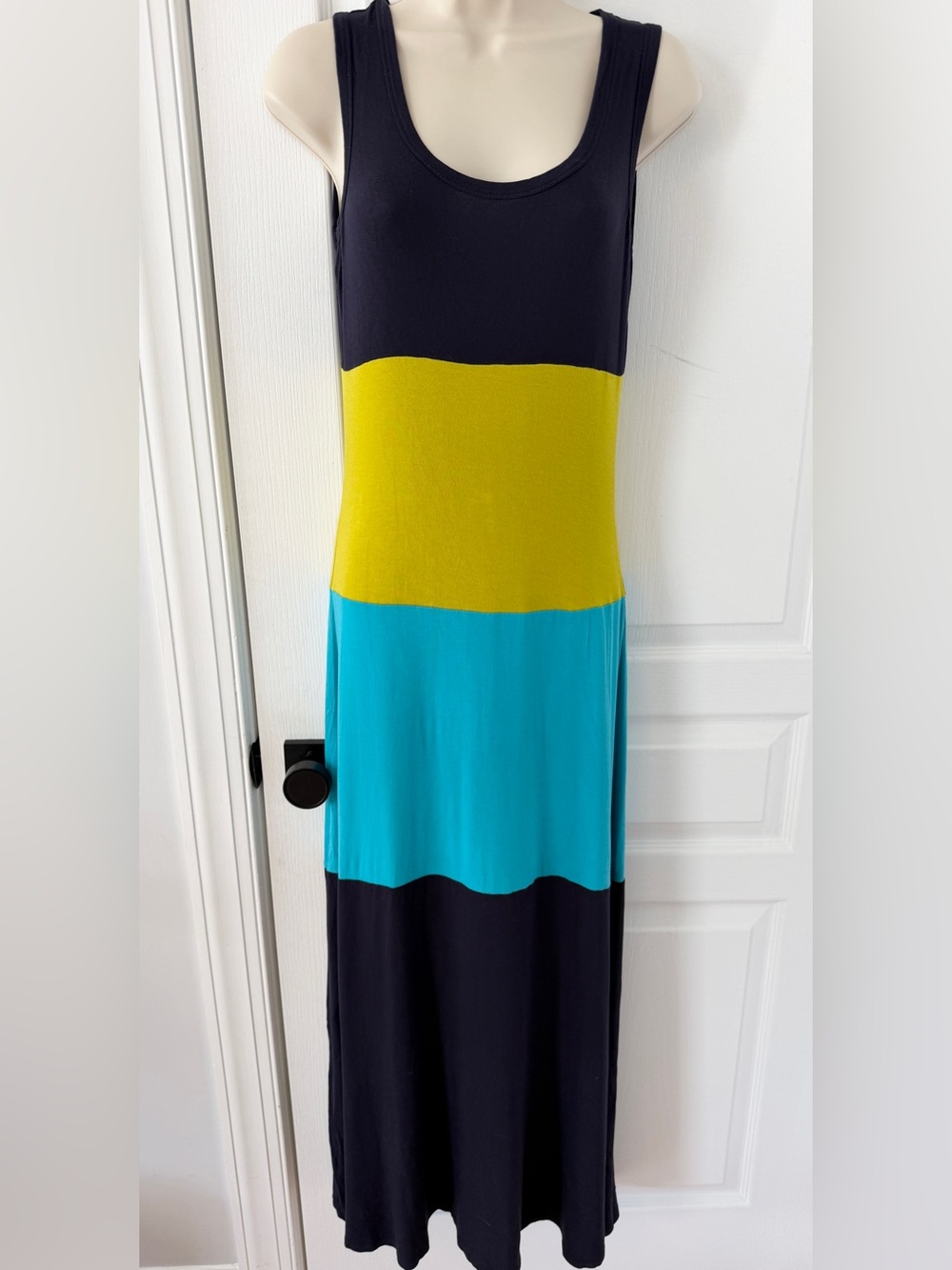 Calvin Klein Colorblock Maxi Dress Size 2 Navy Teal Yellow Sleeveless Tank Dress